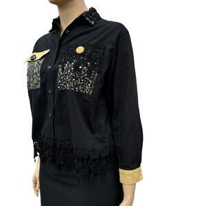 GIRLFRIeNds Mixed Media Floral Lace Trim Twill Shirt Made in USA L